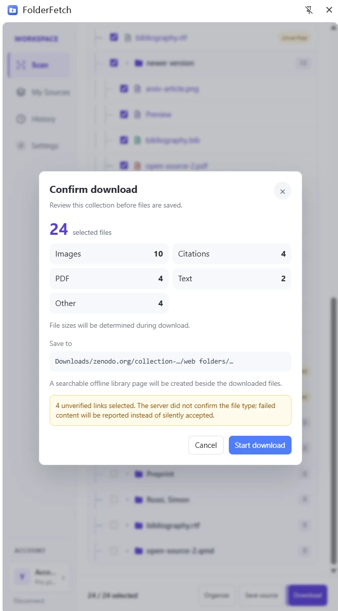 FolderFetch confirmation dialog for 24 selected entries, with four unverified links noted