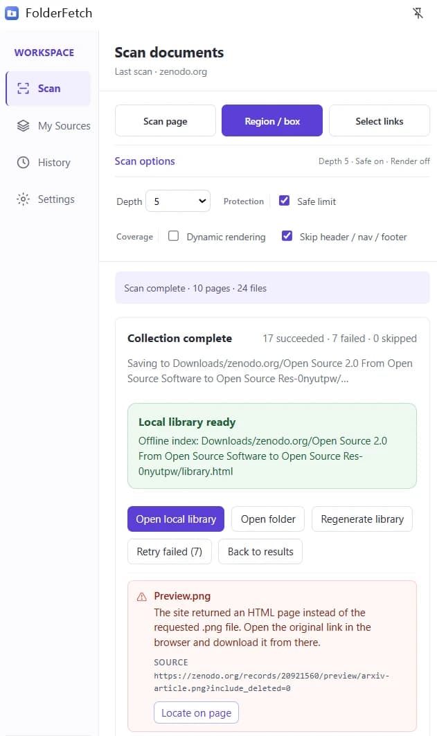 FolderFetch completion panel reporting 17 succeeded, 7 failed, and 0 skipped