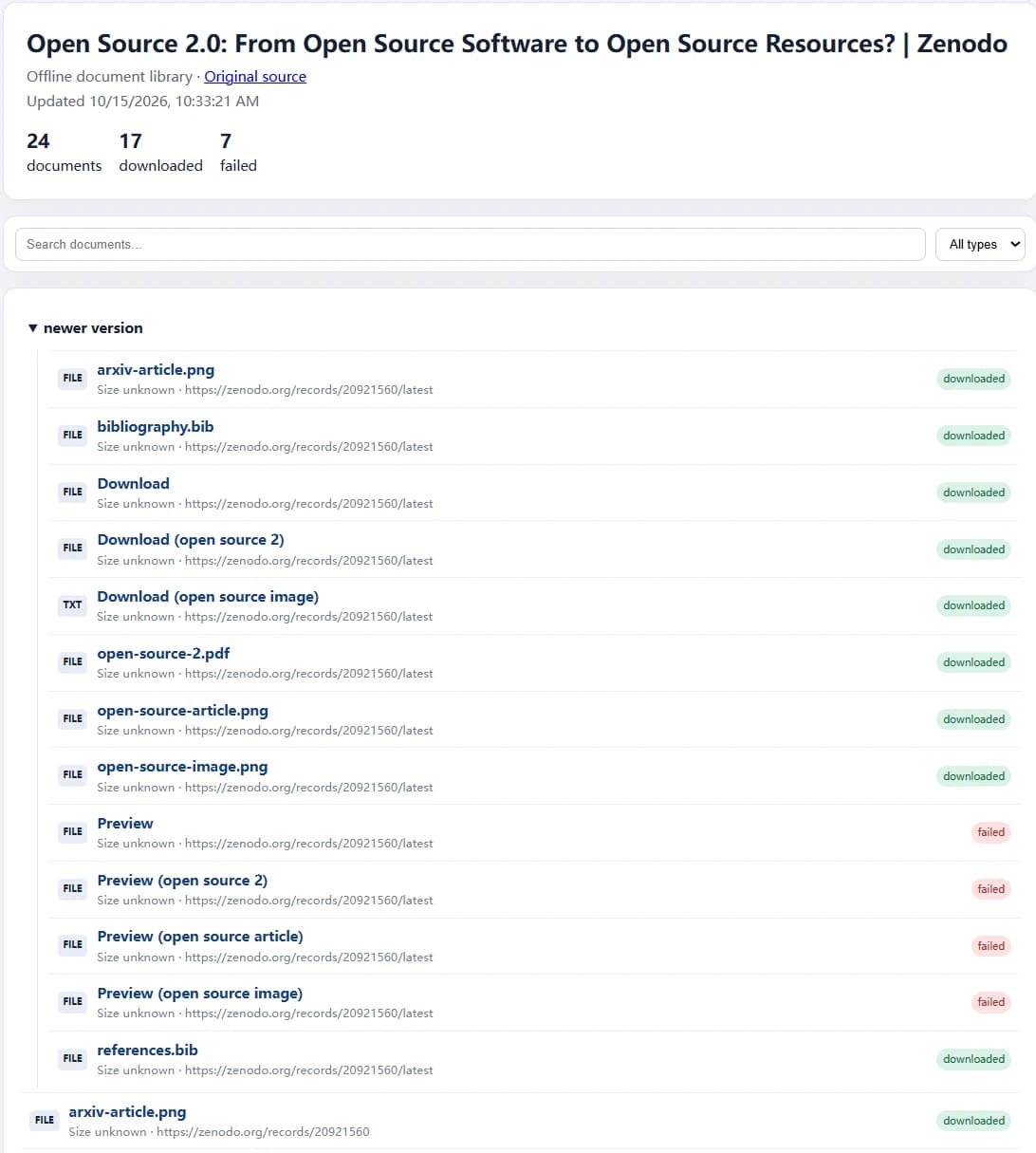 Generated local library showing 24 entries, 17 downloaded, and 7 failed
