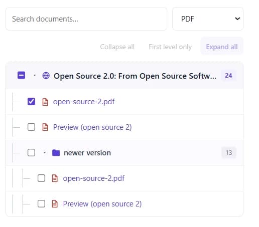 FolderFetch PDF filter showing open-source-2.pdf and Preview entries across version groups