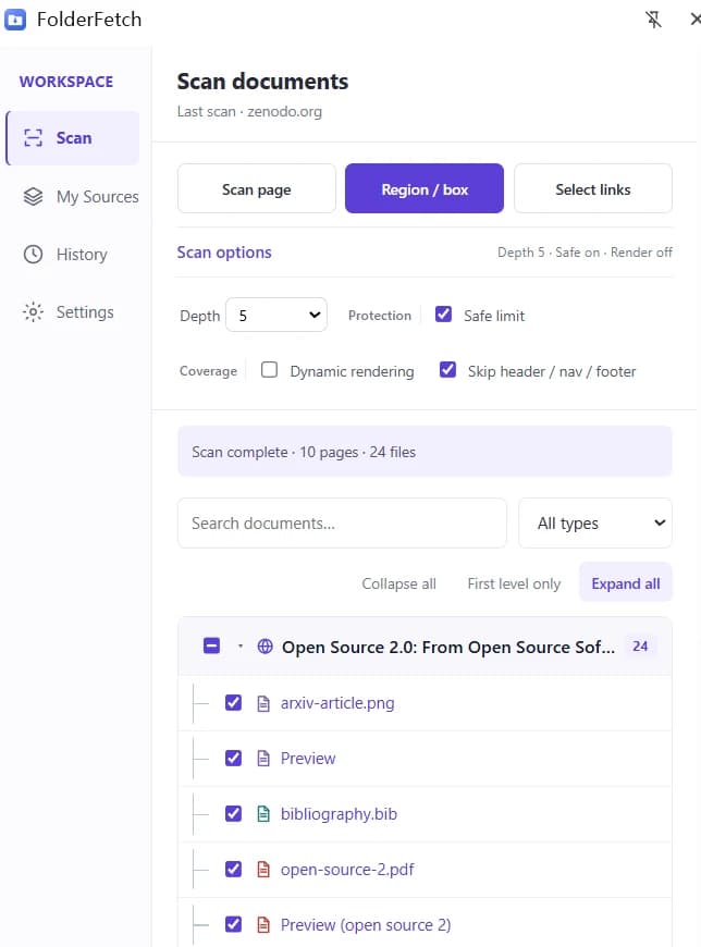FolderFetch panel showing Depth 5, safety options, and 10 pages with 24 candidate entries