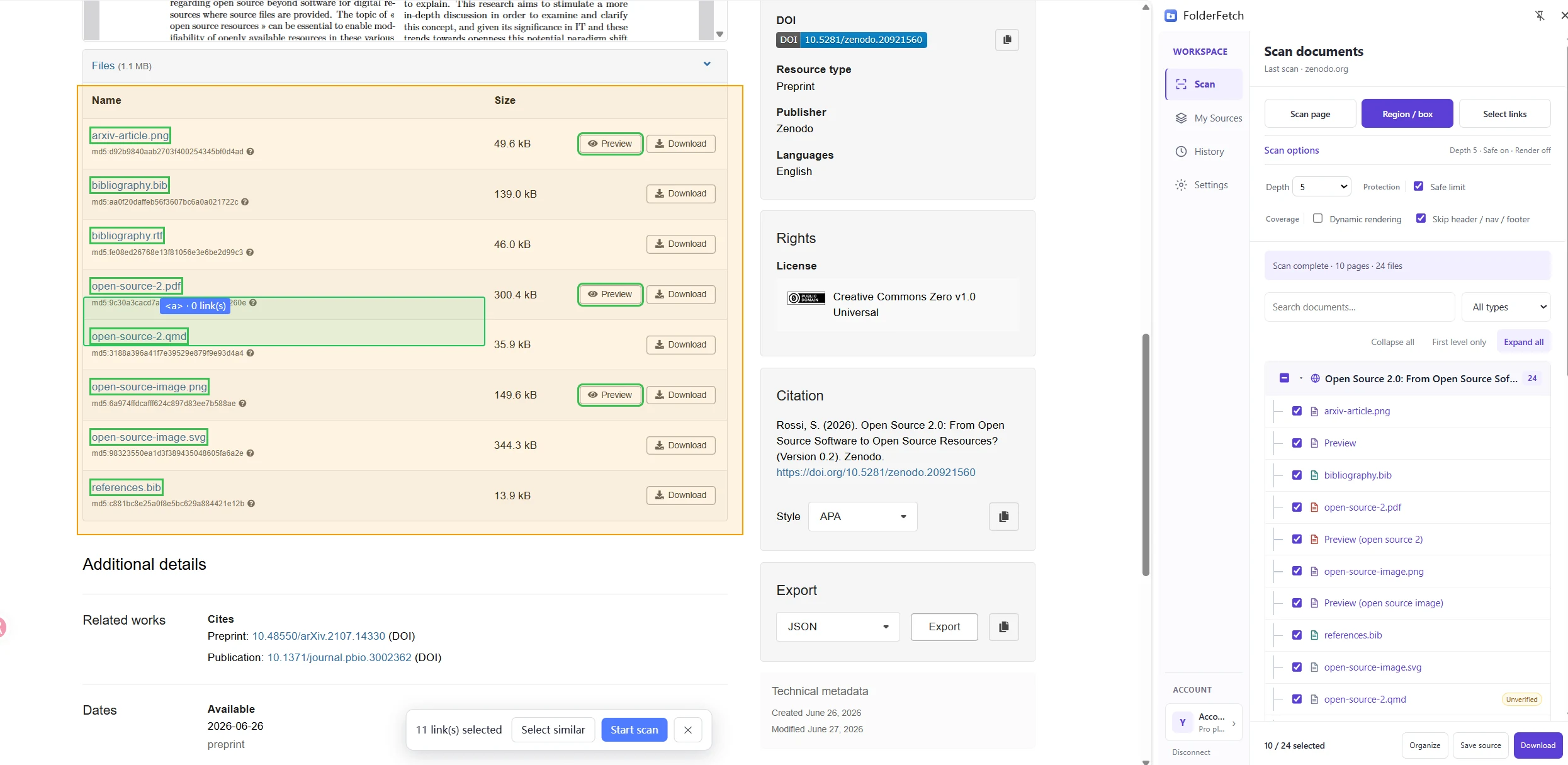 Zenodo file links selected with FolderFetch Select links, showing 11 selected links