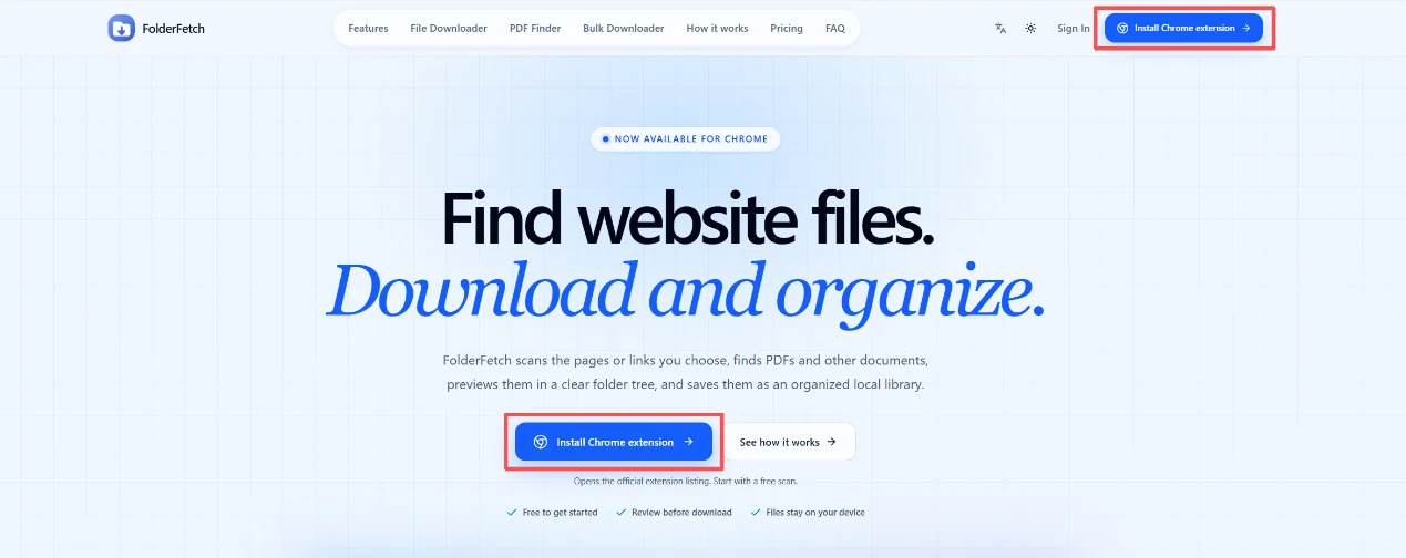 FolderFetch website installation entry