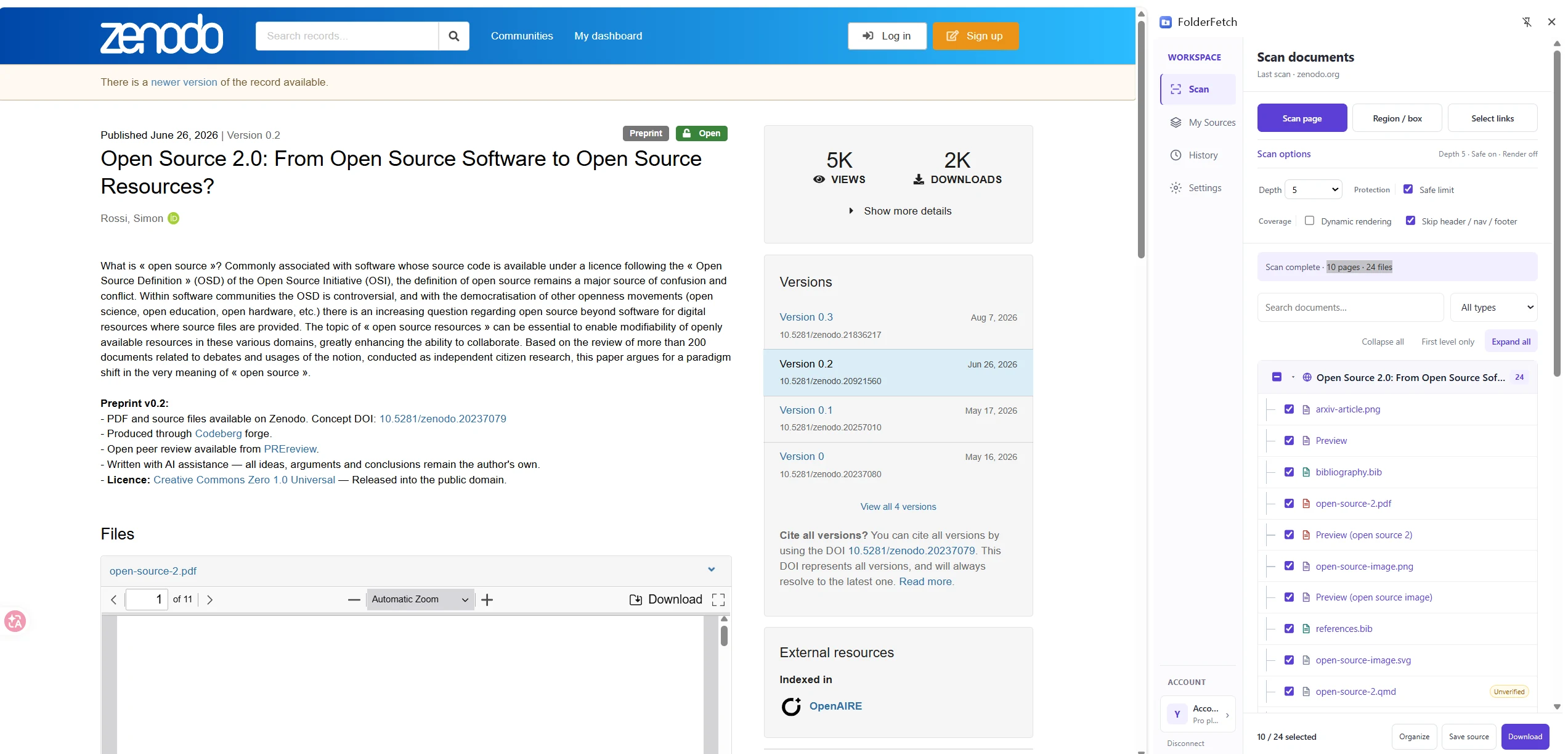 FolderFetch side panel beside a web page