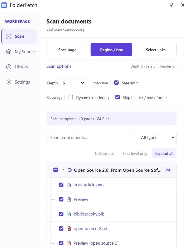 FolderFetch scan depth and options panel